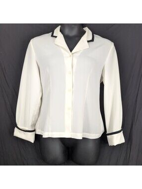 Chaus Off White Shirt Size 10 Black Trim Piping Vintage Nautical Secretarial
